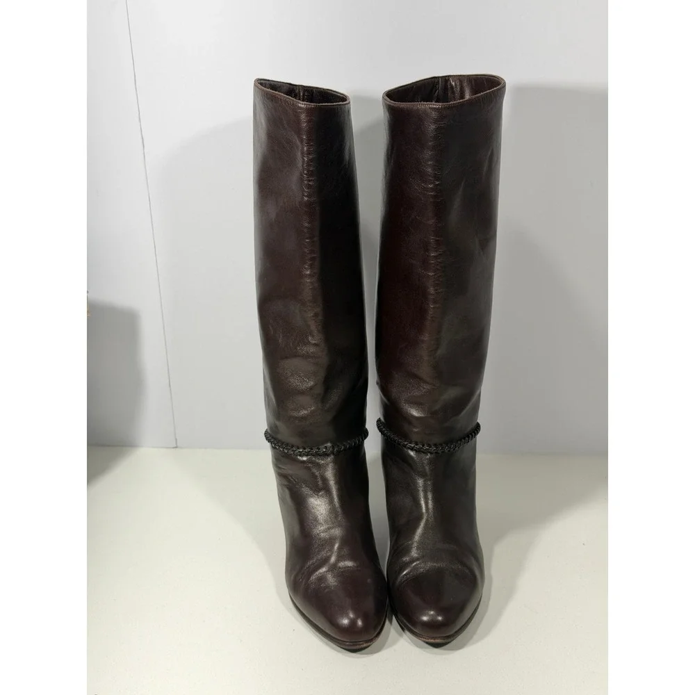Vero Cuoio Dark Brown Leather Knee High Boots Braided Trim Italy EU 39 US 8.5